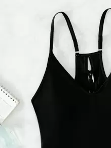 Plain Lace Up Backless One Piece Swimsuit - Black - View 7