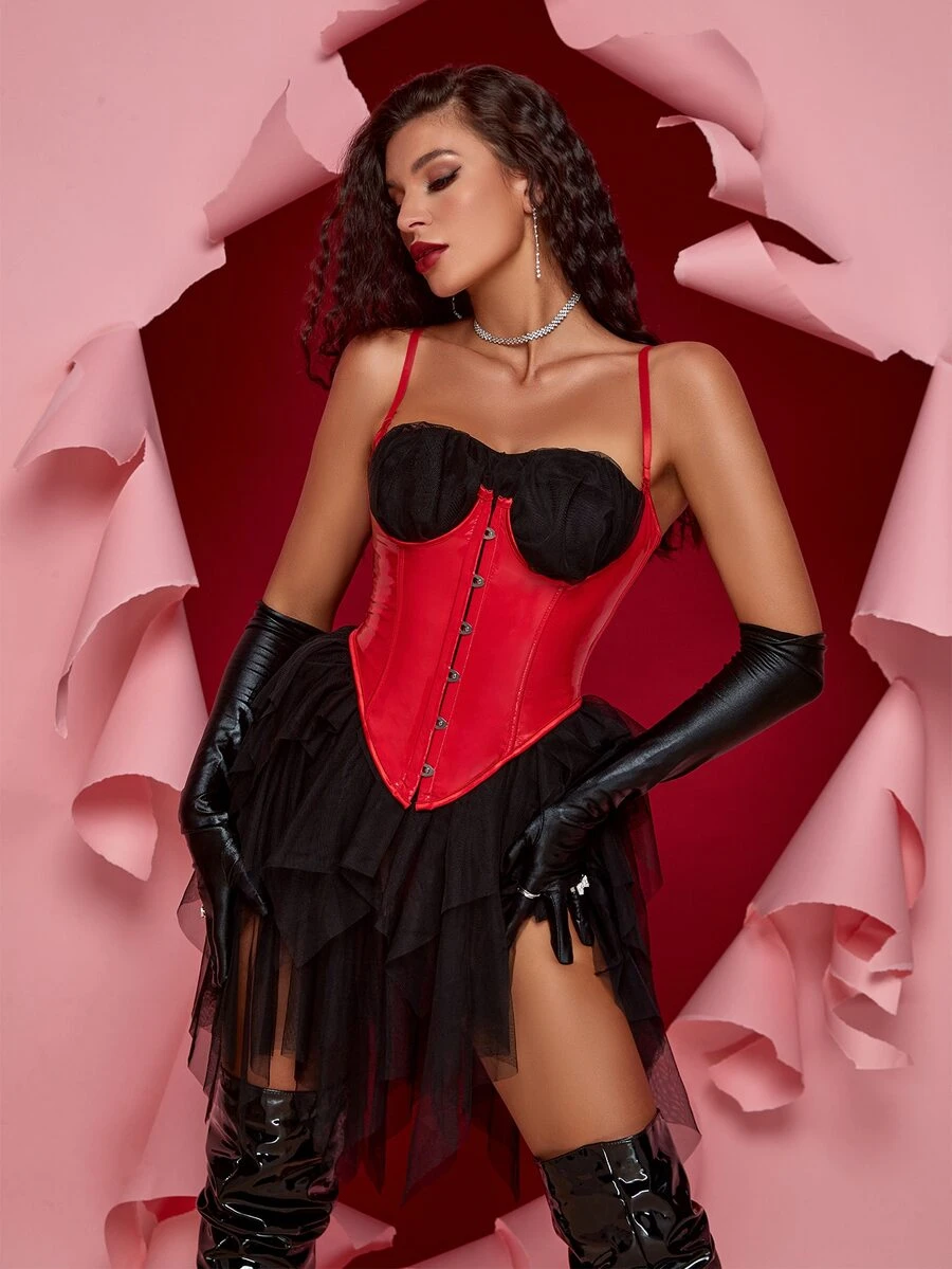 Cut Out Grommet Lace Up Back Bustier Underbust PU Leather Corset Without Top - Red - View 1