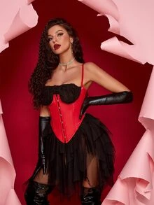 Cut Out Grommet Lace Up Back Bustier Underbust PU Leather Corset Without Top - Red - View 5