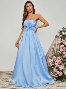 水鑽胸部褶皺緞面抹胸舞會連衣裙 - 淺藍色 - 查看 3