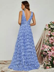 Plunging Neck Lace Maxi Formal Dress - Baby Blue - View 2