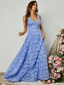 Plunging Neck Lace Maxi Formal Dress - Baby Blue - View 3