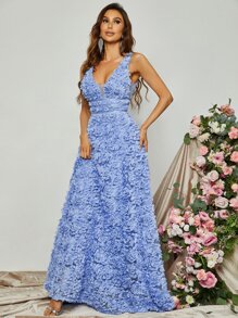 Plunging Neck Lace Maxi Formal Dress - Baby Blue - View 4