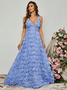 Plunging Neck Lace Maxi Formal Dress - Baby Blue - View 5