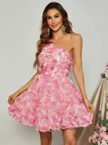 One Shoulder Appliques Mesh Overlay Dress - Coral Pink - View 1