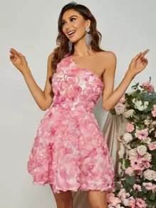 One Shoulder Appliques Mesh Overlay Dress - Coral Pink - View 5