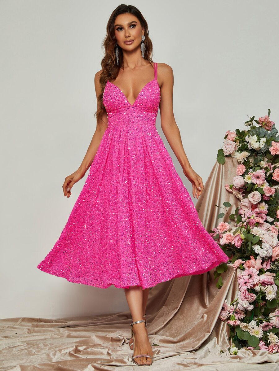 Sequins Panel Crisscross Backless Cami Dress - Watermelon Pink - View 1