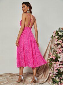 Sequins Panel Crisscross Backless Cami Dress - Watermelon Pink - View 2