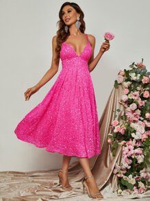 Sequins Panel Crisscross Backless Cami Dress - Watermelon Pink - View 4