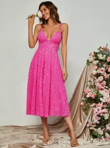 Sequins Panel Crisscross Backless Cami Dress - Watermelon Pink - View 6