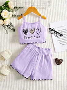 SHEIN 女孩愛心和字母圖案木耳邊吊帶上衣和紙袋腰短褲