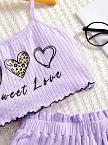 SHEIN 女孩愛心和字母圖案木耳邊吊帶上衣和紙袋腰短褲