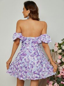 Floral Applique Off Shoulder Puff Sleeve Mesh Insert Dress - Multicolor - View 2