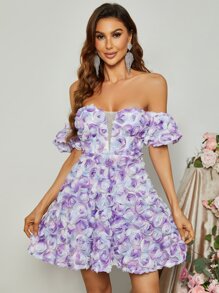 Floral Applique Off Shoulder Puff Sleeve Mesh Insert Dress - Multicolor - View 3
