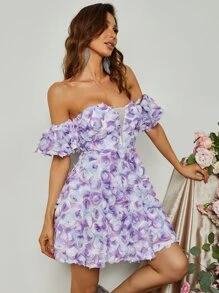 Floral Applique Off Shoulder Puff Sleeve Mesh Insert Dress - Multicolor - View 6