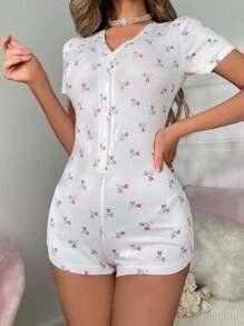Ditsy Floral Print Button Front Sleep Romper - White - View 5