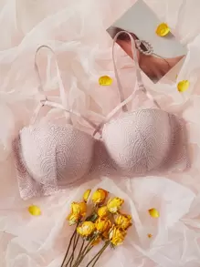 大碼花卉蕾絲鋼圈文胸 - 藕粉色 - 查看 1
