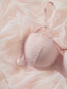 大碼花卉蕾絲鋼圈文胸 - 藕粉色 - 查看 5