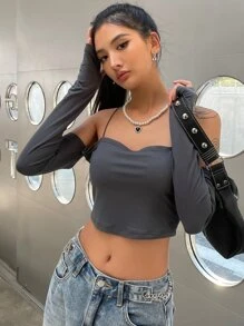 DAZY Solid Crisscross Backless Cold Shoulder Crop Cami Top Long Sleeve Women Tops,Fall Women Clothes - Dark Grey - View 7