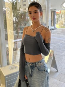 DAZY Solid Crisscross Backless Cold Shoulder Crop Cami Top Long Sleeve Women Tops,Fall Women Clothes - Dark Grey - View 6