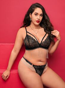 Plus Floral Lace Harness Lingerie Set - Black - View 1