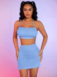 SHEIN SXY Textured Tie Backless Halter Top & Lettuce Trim Skirt - Baby Blue - View 1