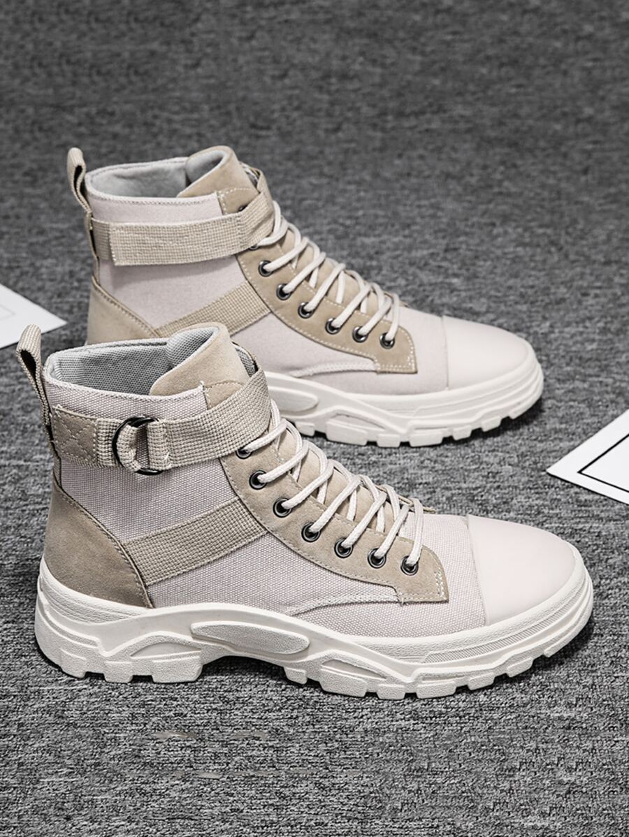 Men Lace-up Front Canvas Combat Boots - Beige - View 1