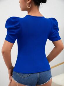 SHEIN Privé Sweetheart Neck Puff Sleeve Tee - Royal Blue - View 3