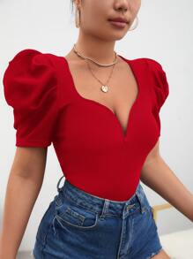 SHEIN Privé Sweetheart Neck Puff Sleeve Tee - Red - View 4