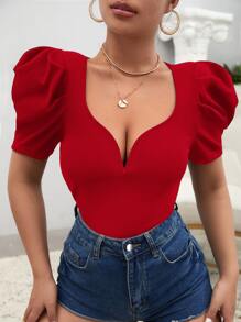 SHEIN Privé Sweetheart Neck Puff Sleeve Tee - Red - View 5