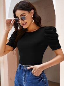 SHEIN Clasi Camiseta Negra Con Mangas Abullonadas De Punto De Canalé - Negro - Ver 4
