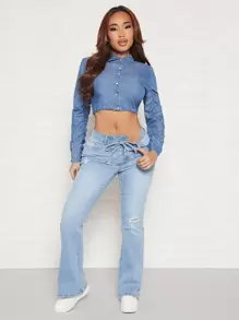 SHEIN SXY Damskie Topy Jeansowe Guziki z przodu Prosty Casual - Średni jeans - Zobacz 6