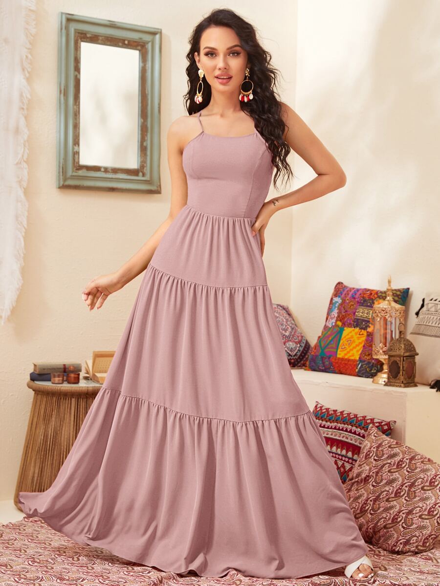SHEIN VCAY Lace Up Backless Flounce Hem Cami Dress - Dusty Pink - View 1