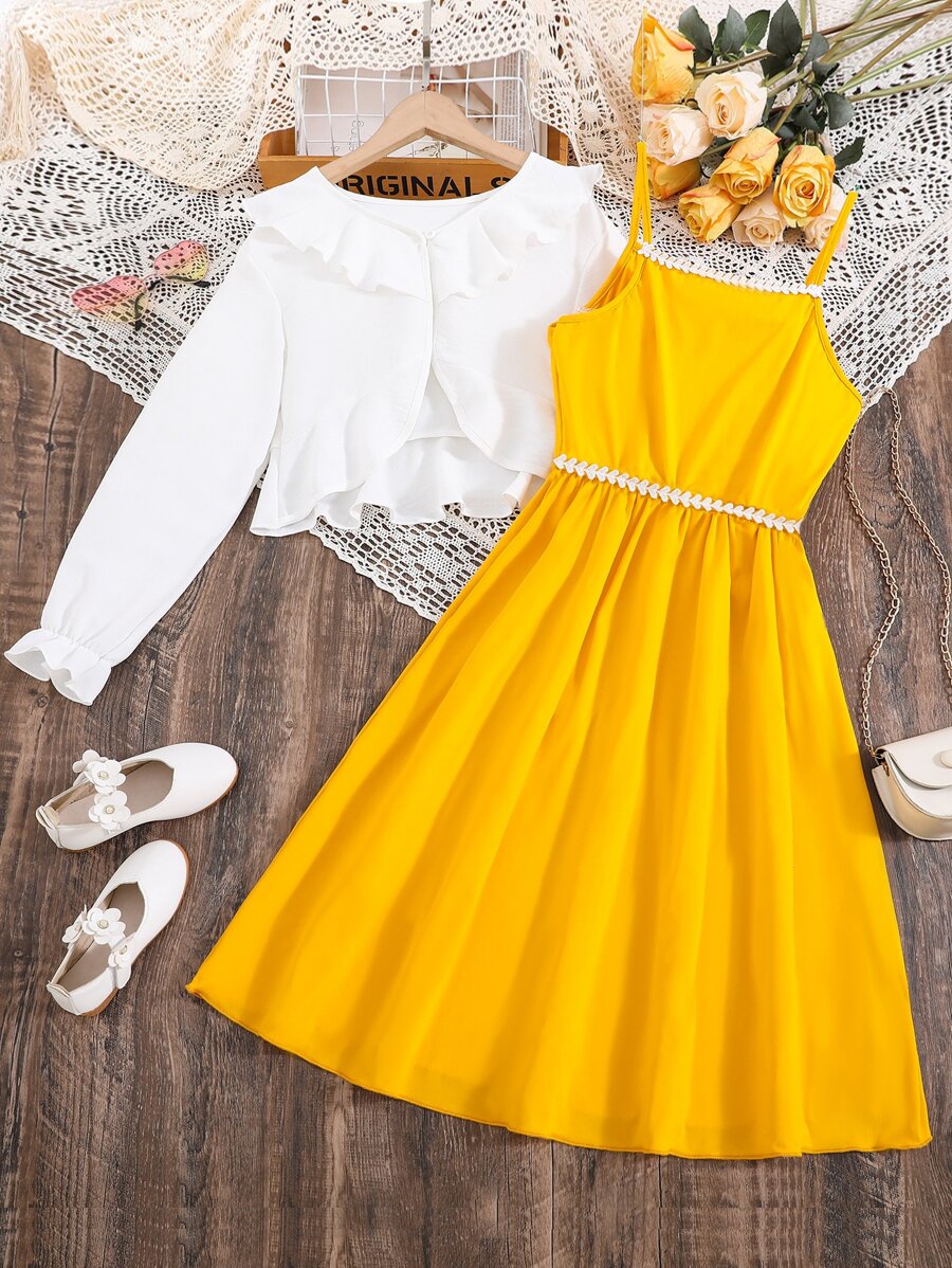 SHEIN 青少年女孩荷葉邊荷葉袖上衣和吊帶洋裝