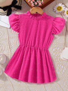 Girls Swiss Dot Butterfly Sleeve Frill Neck Ruffle Neck Blouse - Hot Pink - View 1