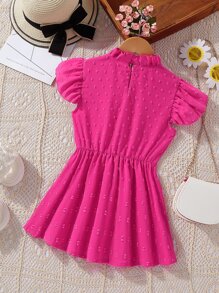 Girls Swiss Dot Butterfly Sleeve Frill Neck Ruffle Neck Blouse - Hot Pink - View 2