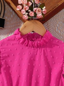 Girls Swiss Dot Butterfly Sleeve Frill Neck Ruffle Neck Blouse - Hot Pink - View 3