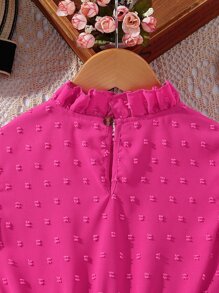 Girls Swiss Dot Butterfly Sleeve Frill Neck Ruffle Neck Blouse - Hot Pink - View 4