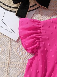 Girls Swiss Dot Butterfly Sleeve Frill Neck Ruffle Neck Blouse - Hot Pink - View 5