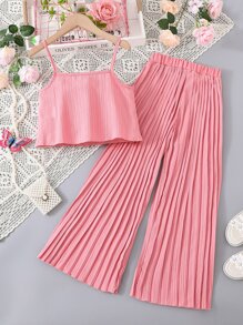 SHEIN 女孩層疊下擺吊帶上衣和百褶闊腿褲 - 粉色 - 查看 2