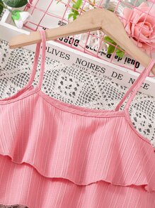SHEIN 女孩層疊下擺吊帶上衣和百褶闊腿褲 - 粉色 - 查看 3