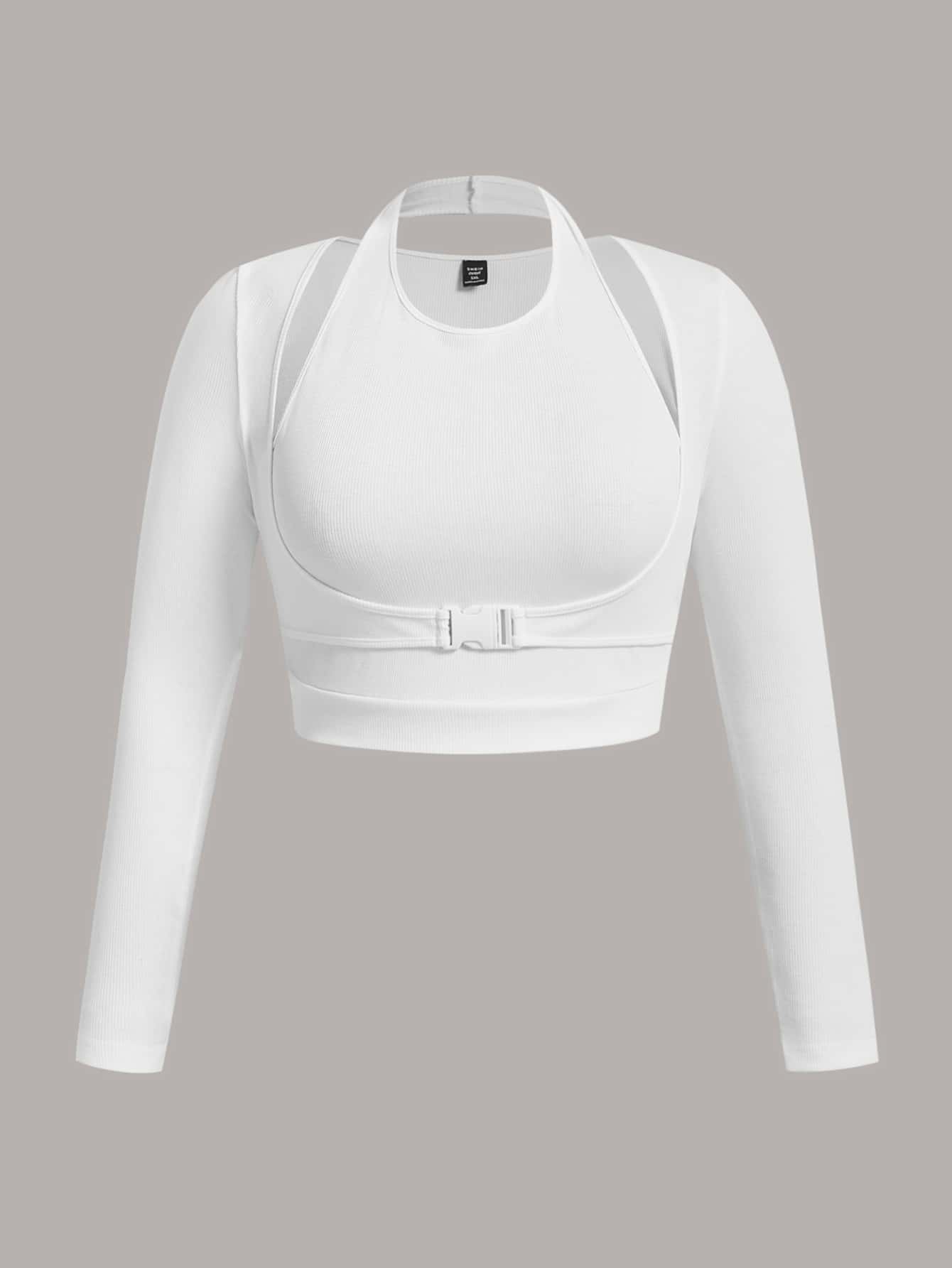SHEIN EZwear Camiseta unicolor tejido de canalé con diseño con hebilla - Blanco - Ver 1