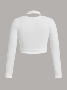 SHEIN EZwear Camiseta unicolor tejido de canalé con diseño con hebilla - Blanco - Ver 2