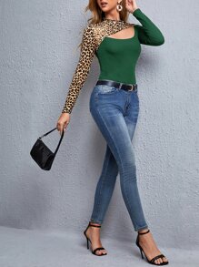 SHEIN Privé Leopard Spliced Cut Out Tee