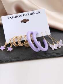 5 对心形和星星装饰耳环情人节 - 紫色 - 查看 2