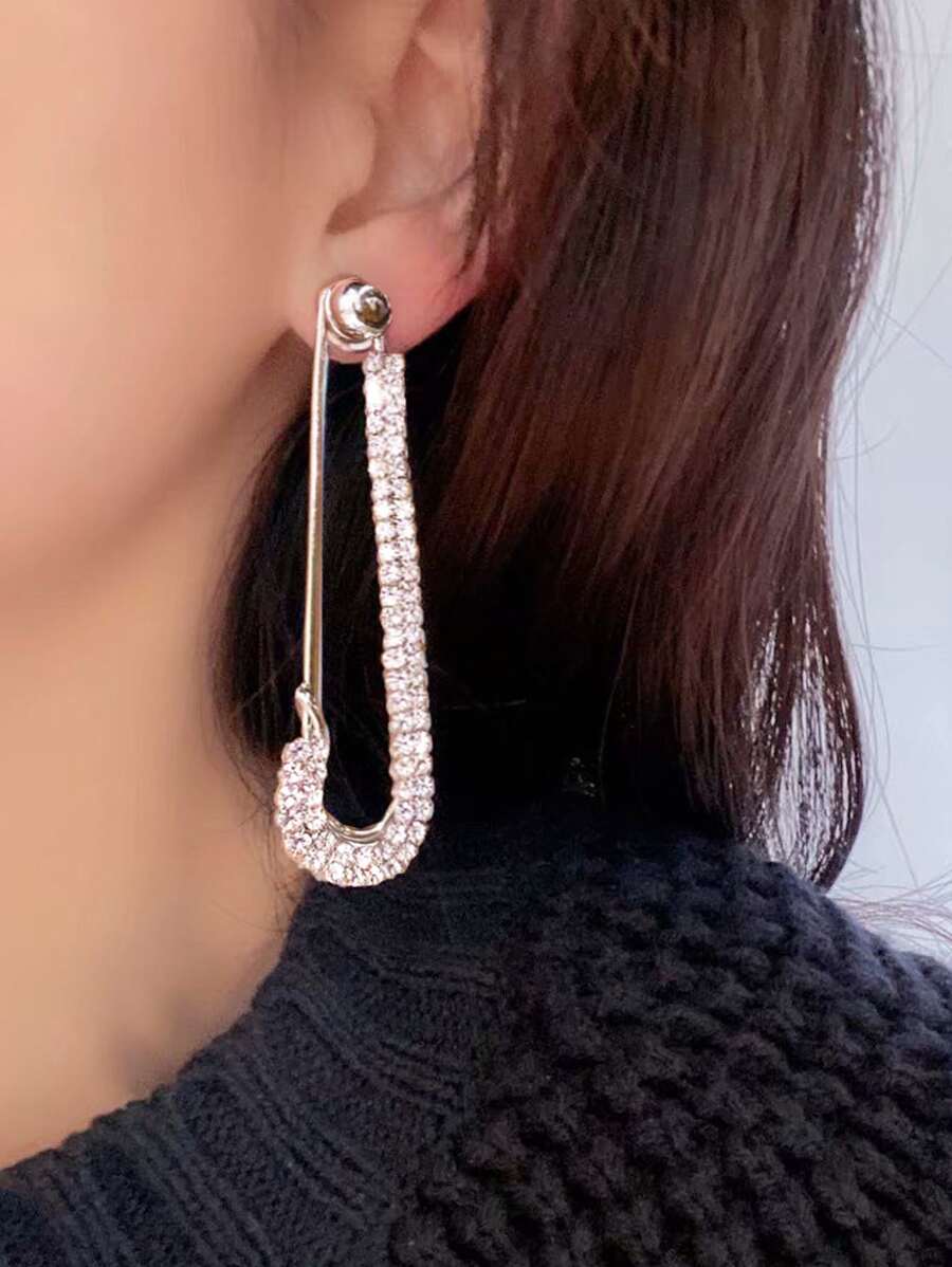 Cubic Zirconia Decor Safety Pin Stud Earrings - Silver - View 1