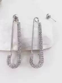 Cubic Zirconia Decor Safety Pin Stud Earrings - Silver - View 5