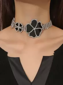 Gargantilla con diamante de imitación con diseño de flor - Plateado - Ver 1