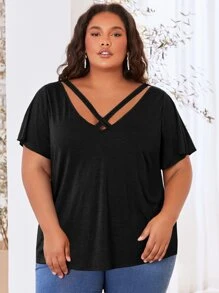 SHEIN CURVE+ Plus Solid Crisscross Front Tee - Black - View 1