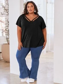 SHEIN CURVE+ Plus Solid Crisscross Front Tee - Black - View 5